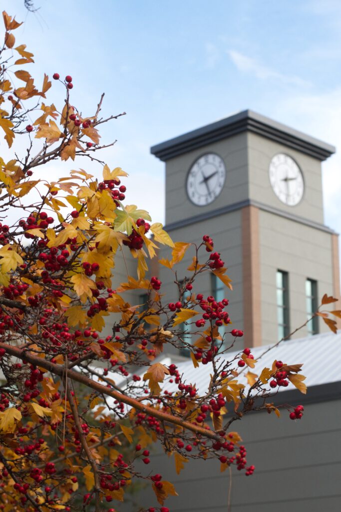 The clocktower at Thompson Rivers University in Kamloops, BC